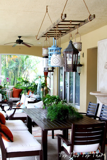 Outdoor hanging chandelier using lanterns