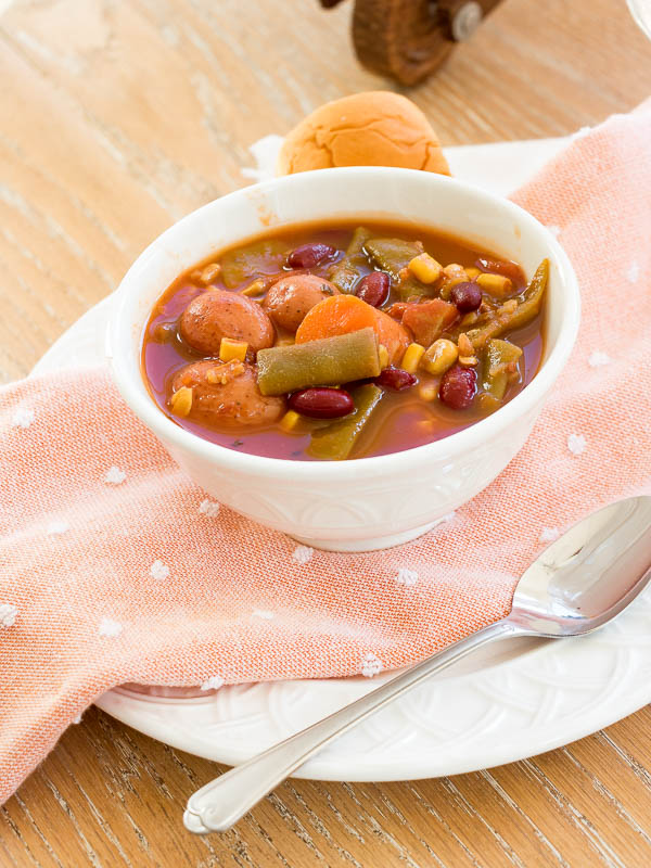 Homemade soup in a white bowl.