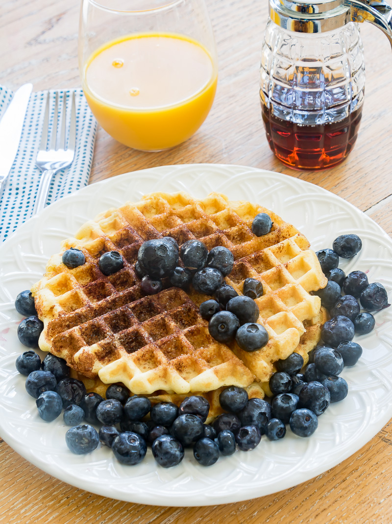 Cinnamon and Sugar Belgian Waffle on a white plate