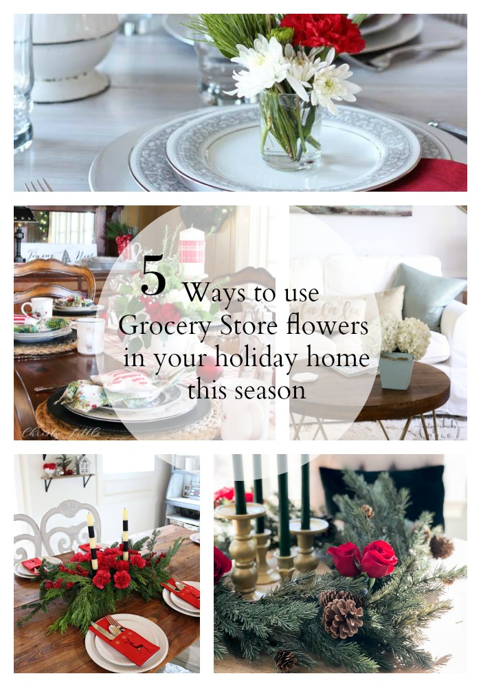 Create a festive holiday arrangement using grocery store flowers