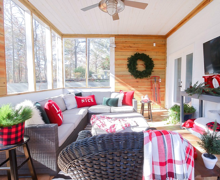 Festive Winter Porch using red, green and gray