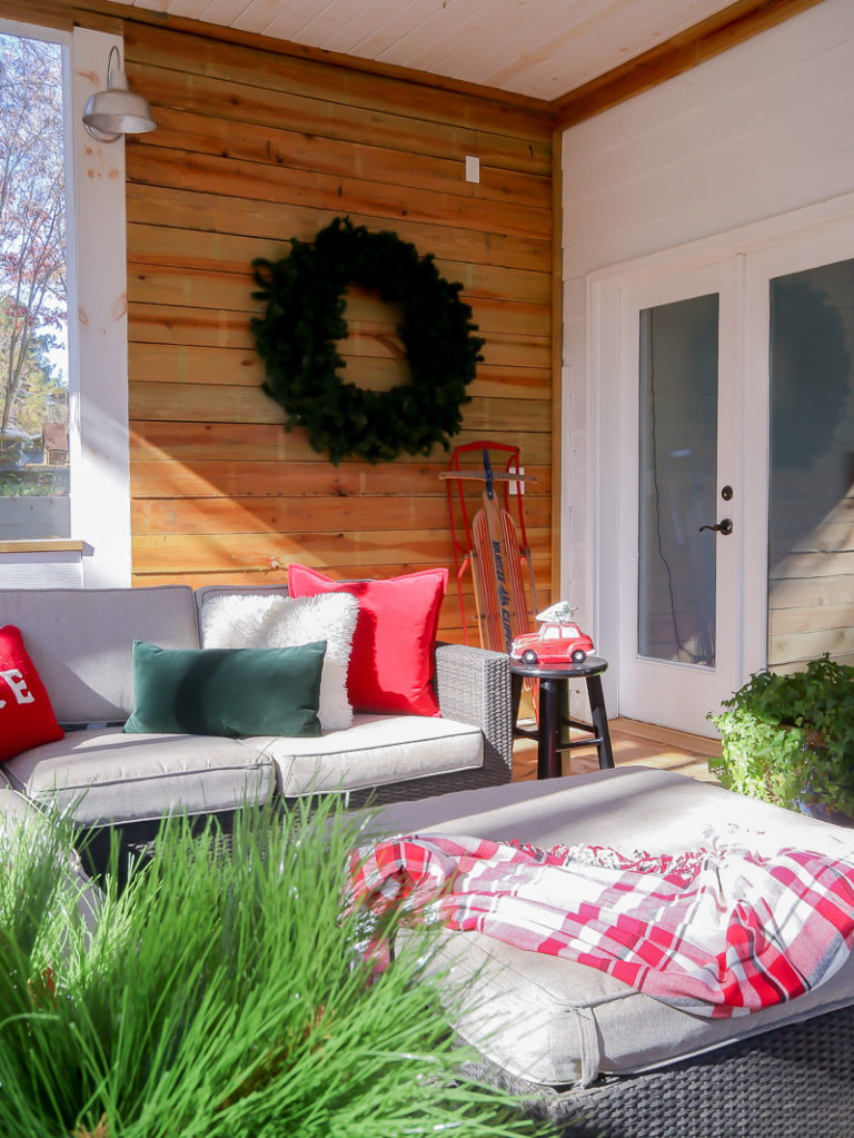Festive Winter Porch using red, green and gray