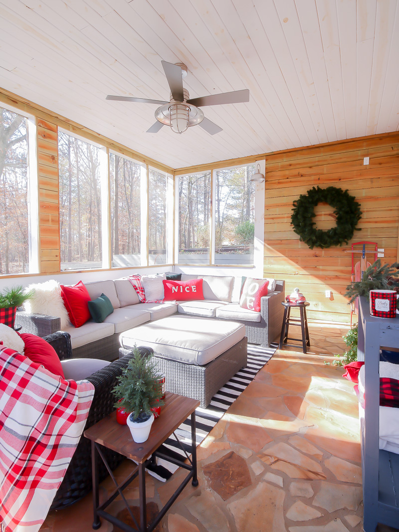 Festive Winter Porch using red, green and gray