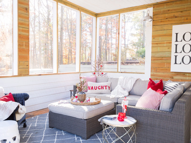 Festive Winter Porch using red, green and gray