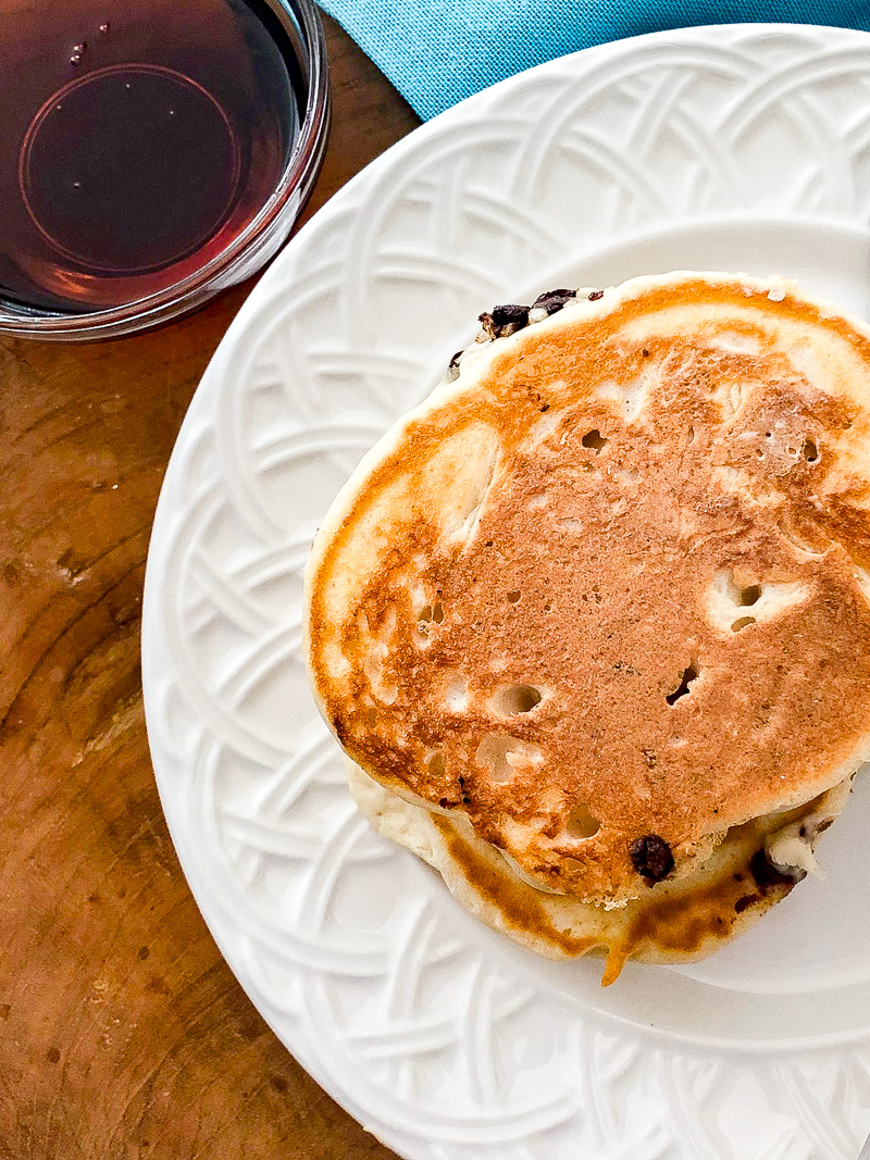 white plate with Chocolate Chip Stuffed Pancakes