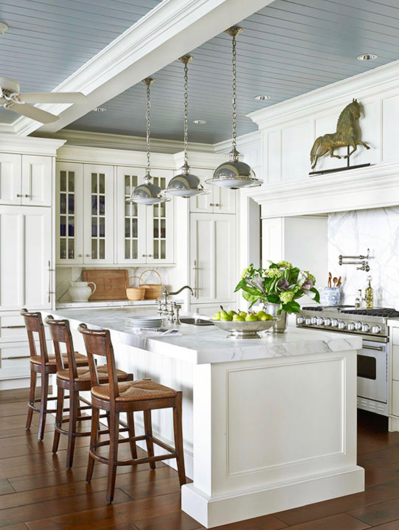 white kitchen with gray ceiling