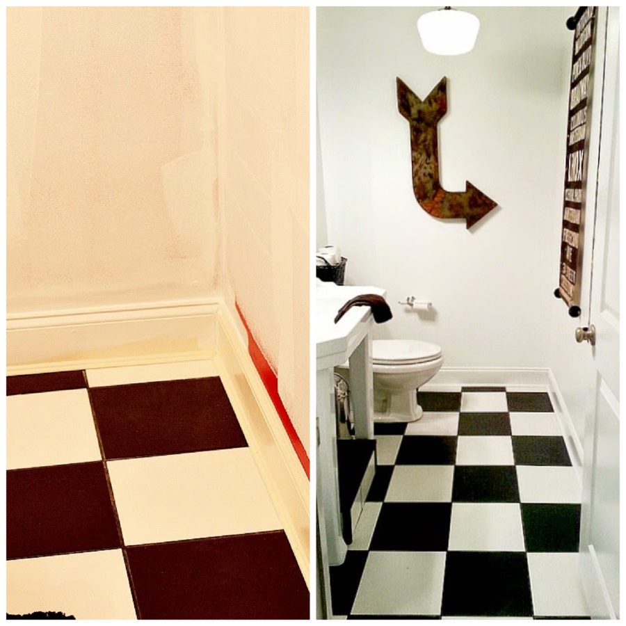 Before and after Bathroom makeover with checkered black and white floor