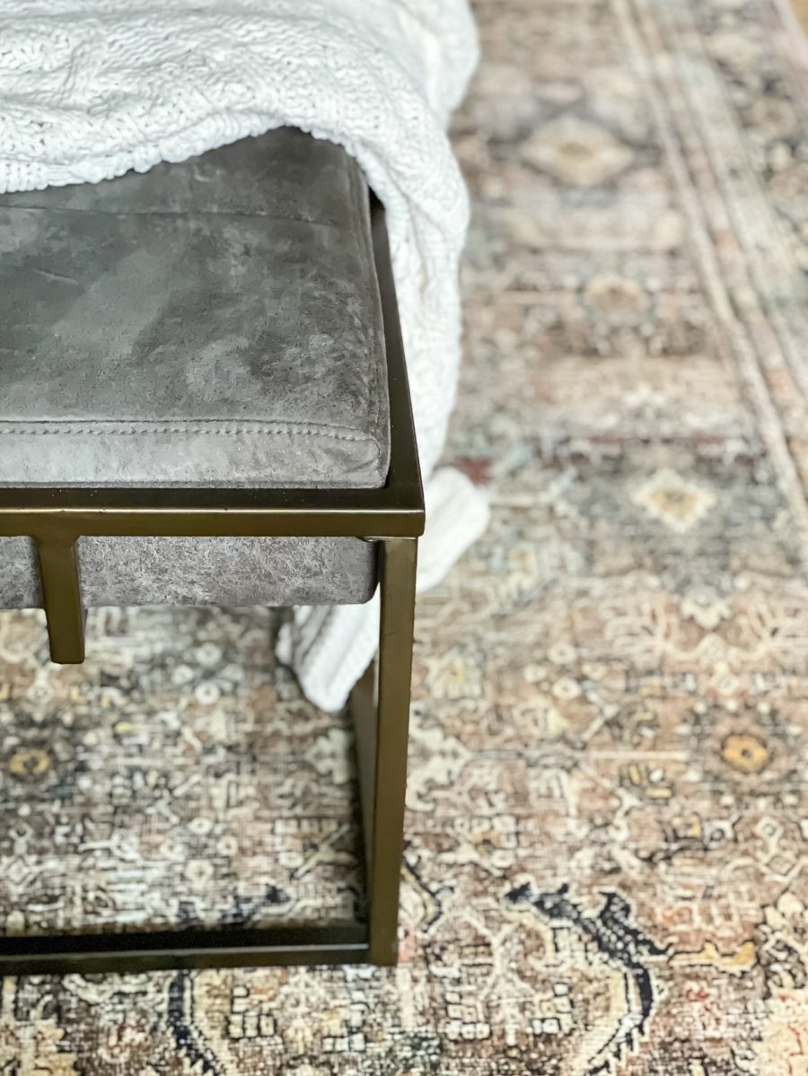 Charcoal and Olive color combo in family room ottoman