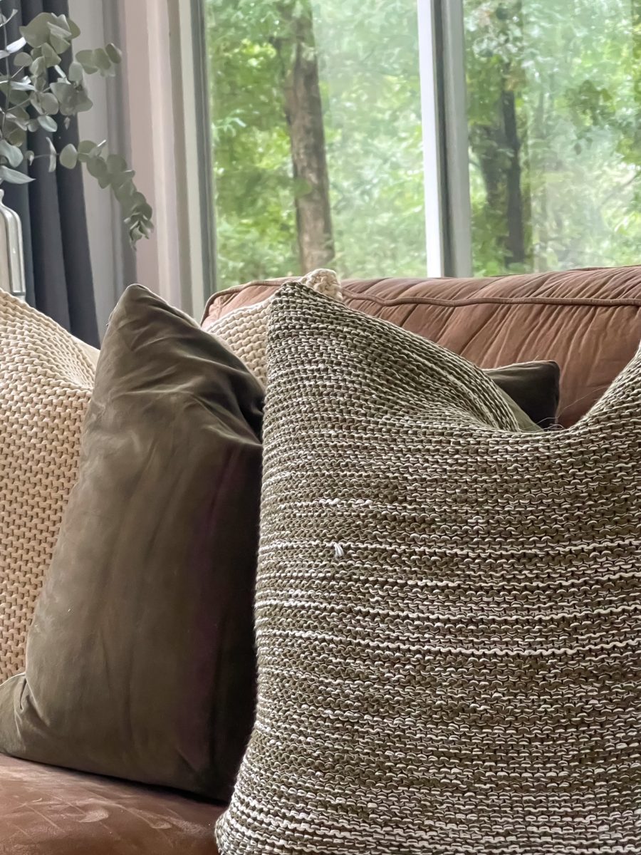 Charcoal and Olive color combo in family room pillows
