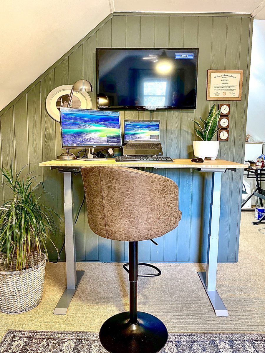 standing desk with green wall