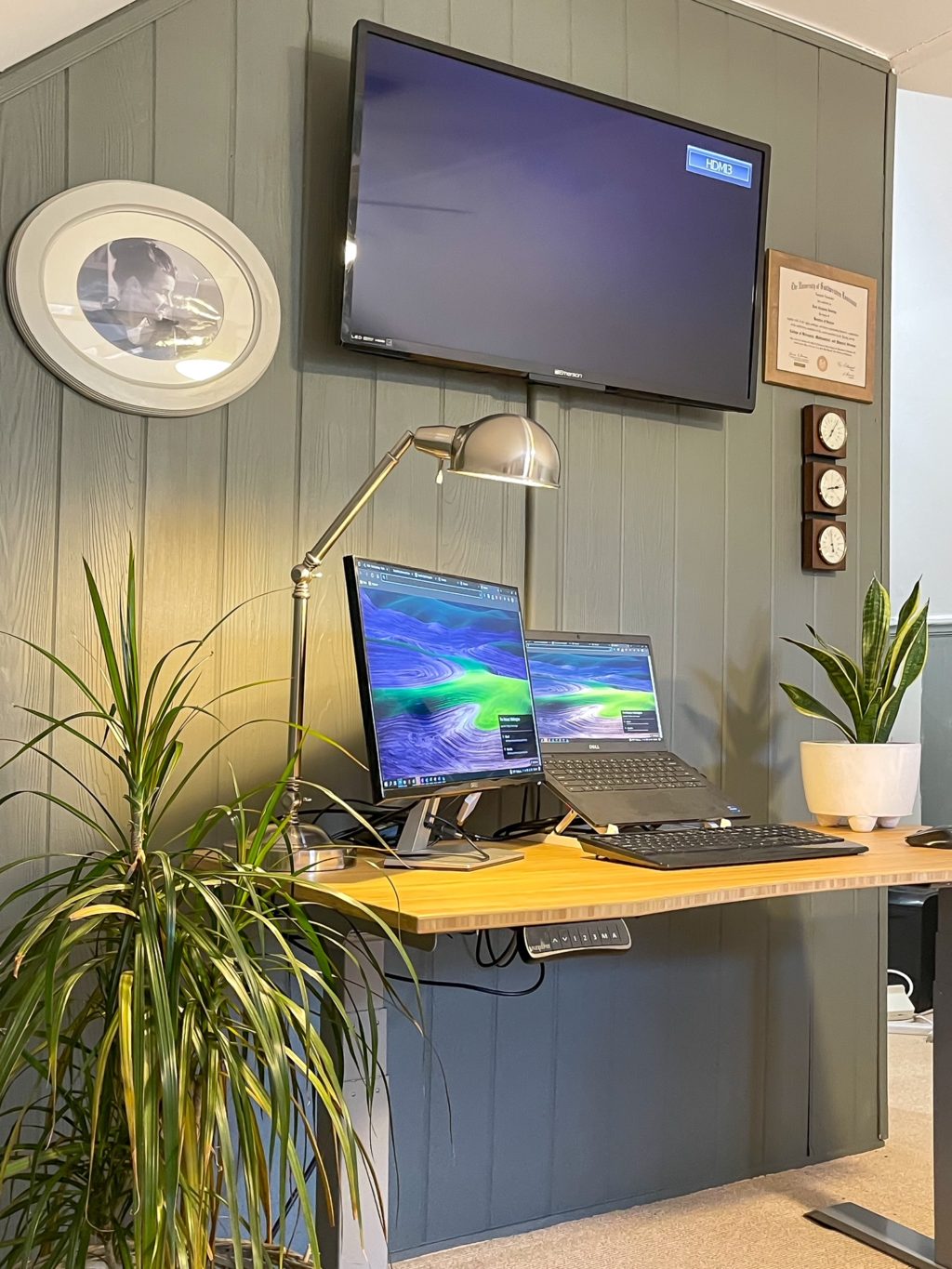 desk on gray wall