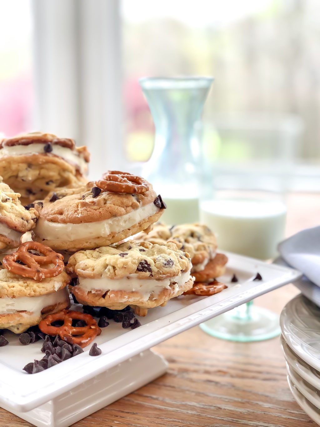 stuffed chocolate chip cookies on a white plate