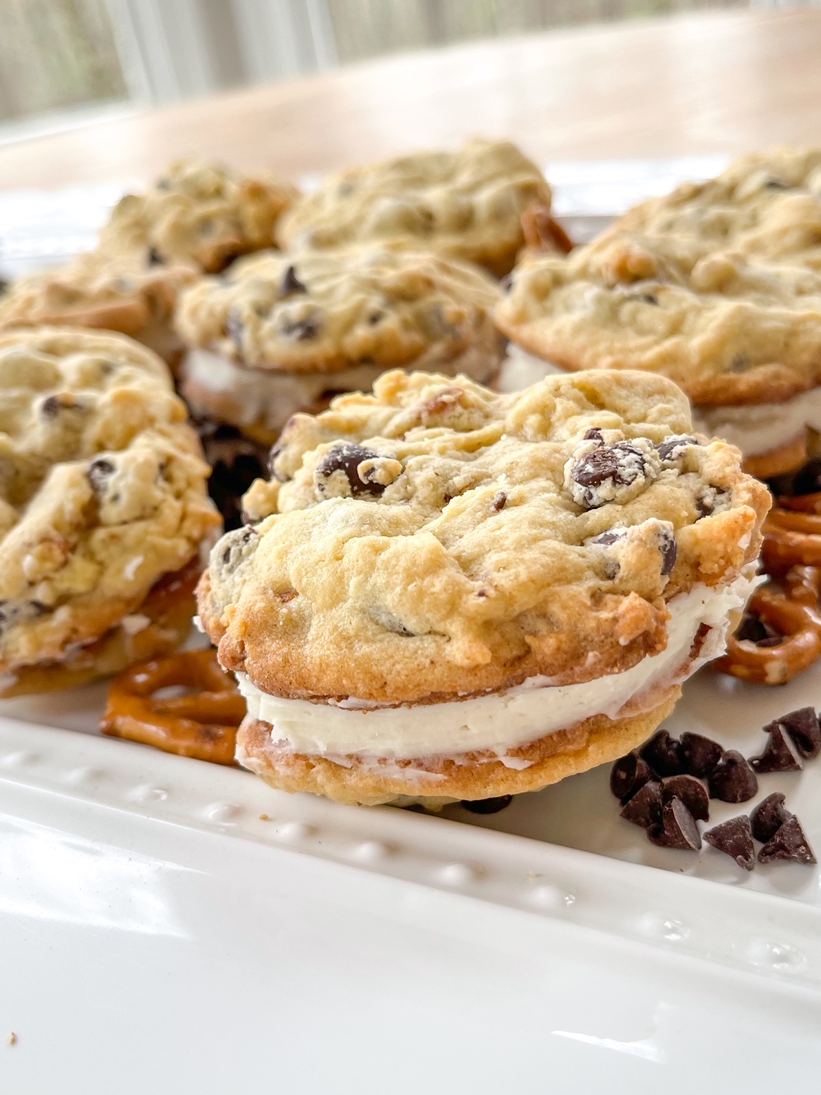 chocolate chip cookies with white frosting