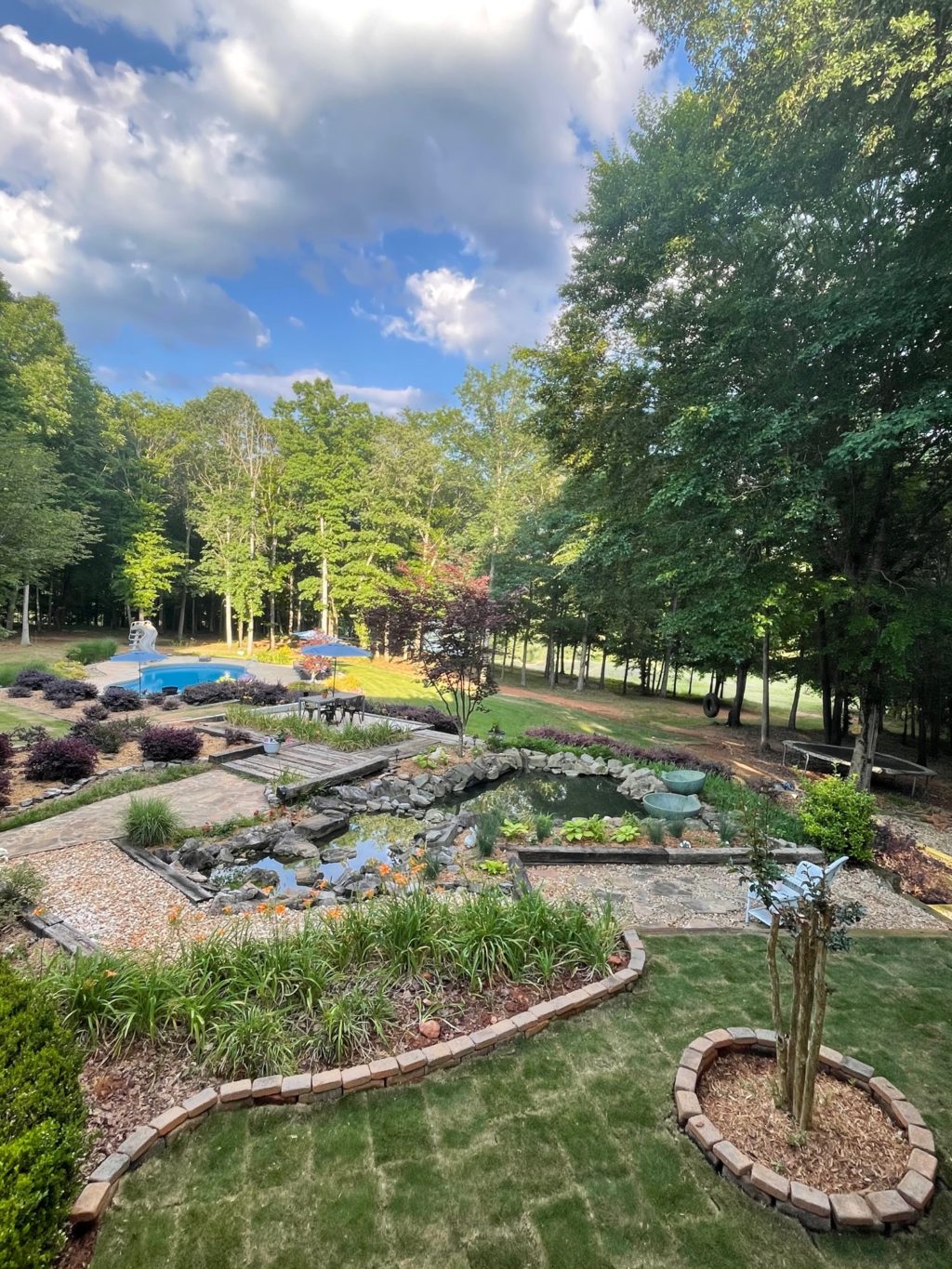 Ariel view of backyard with new sod and pond