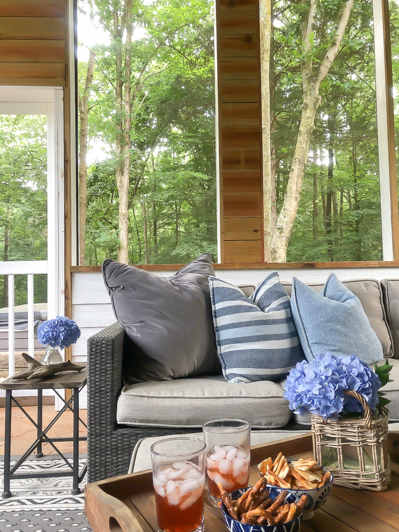 screen porch with tray of iced tea