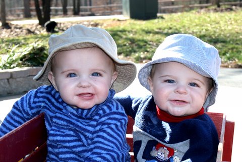 twins in red wagon