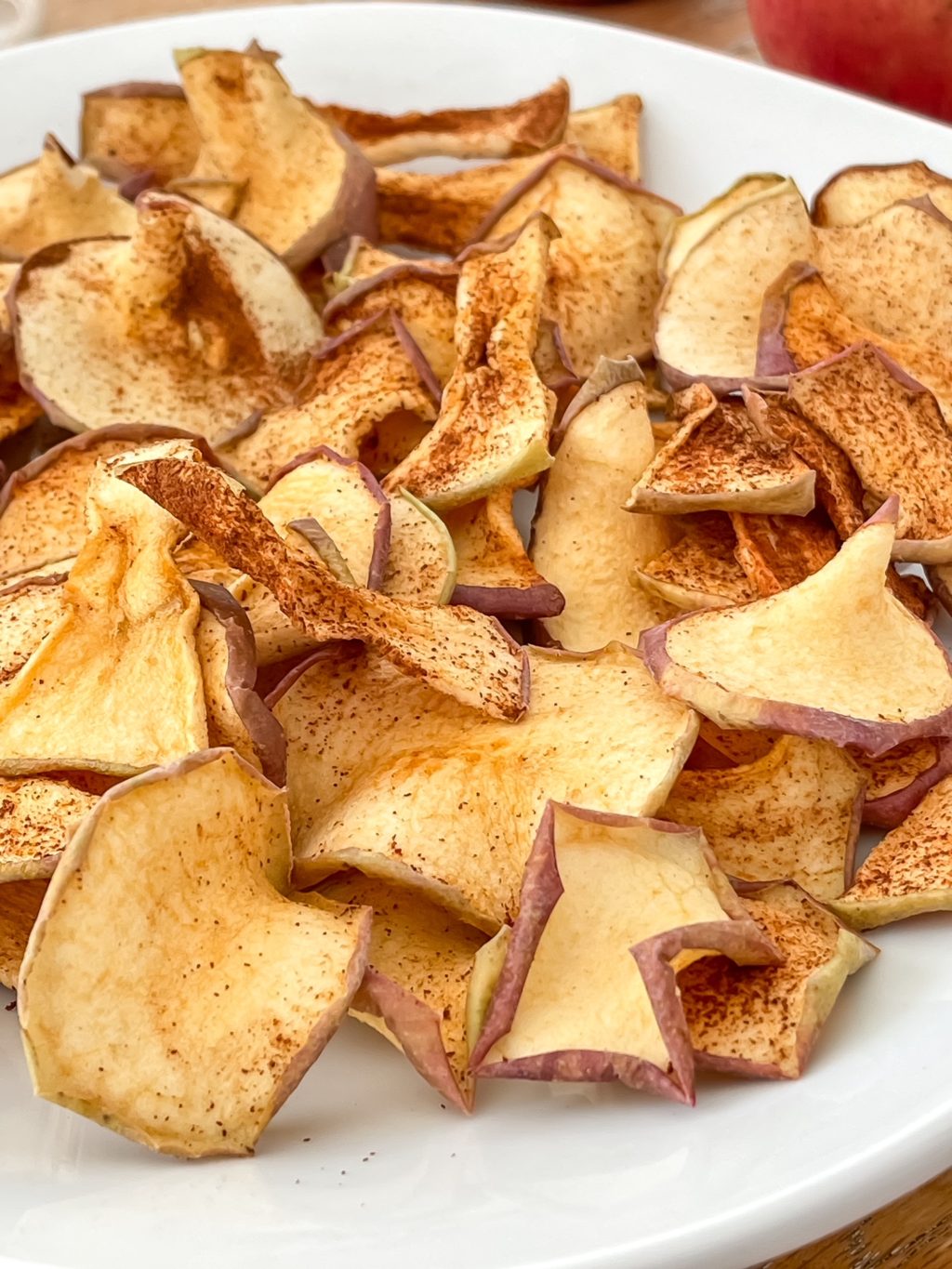 A white plate with dried apples and cinnamon.