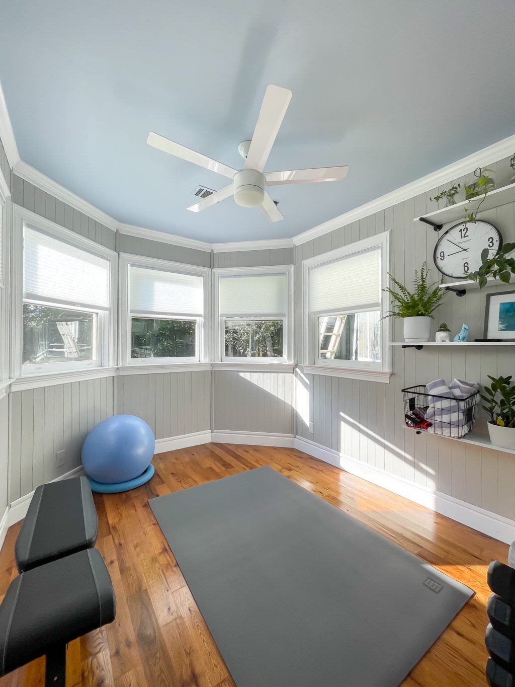 Home gym with gray gym mat, blue exercise ball and shelves for organization.