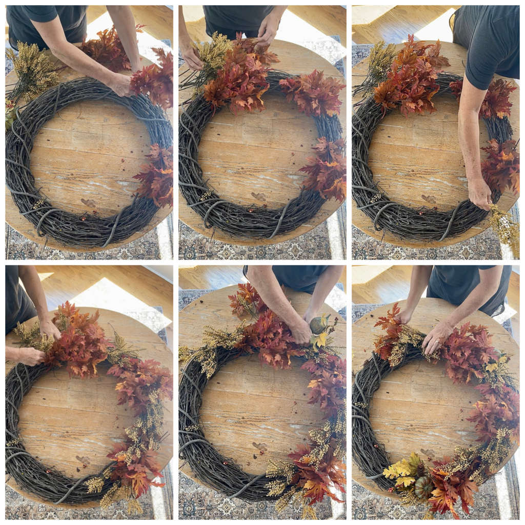 step by step pictures of assembling a diy fall wreath.