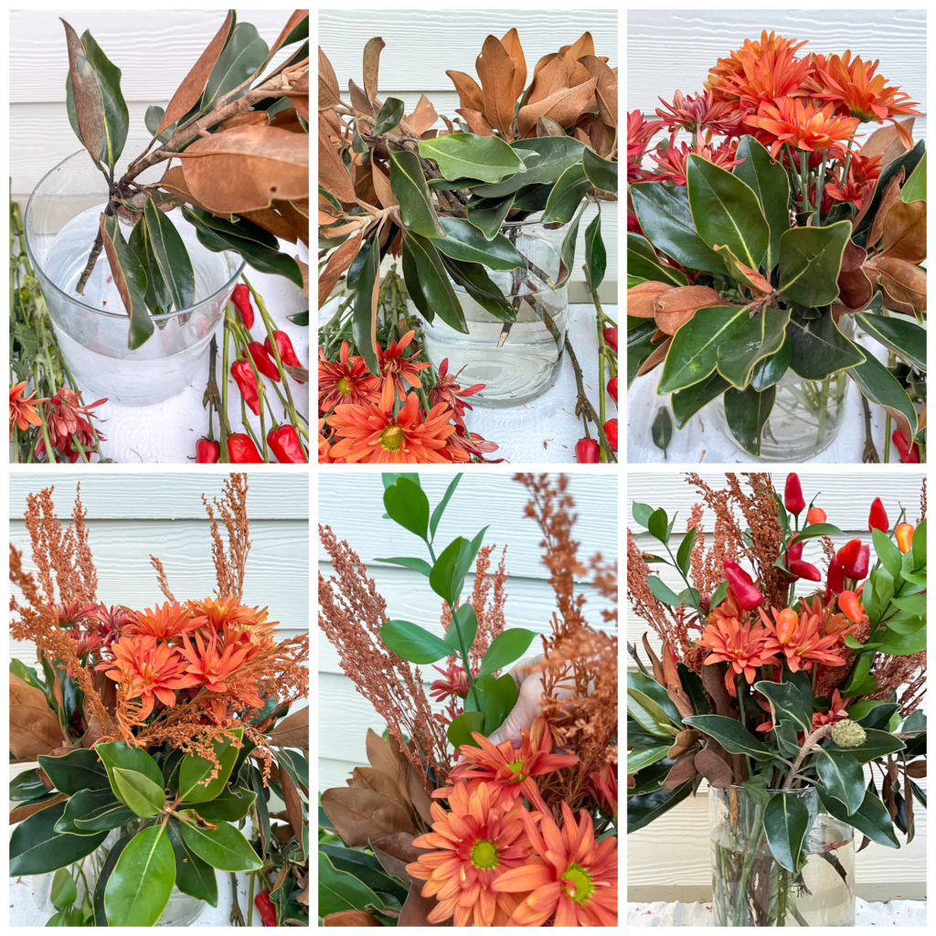 Step by step visual of how to create fall floral arrangement.
