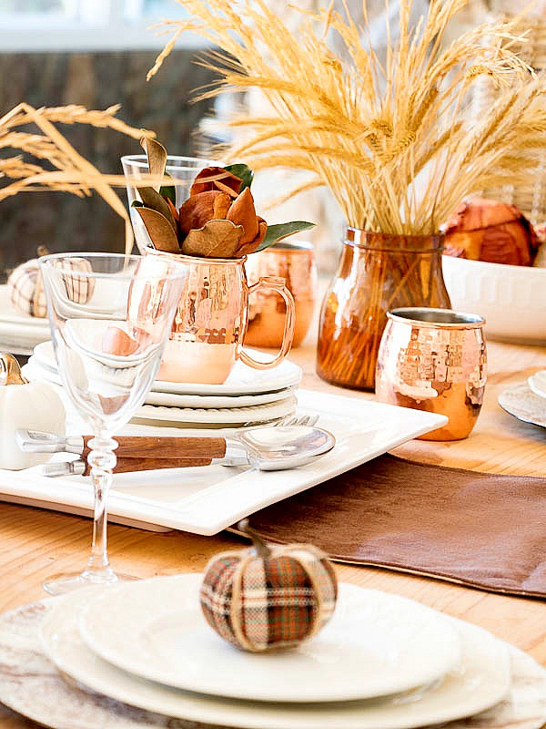 Tablescape using white and copper accents
