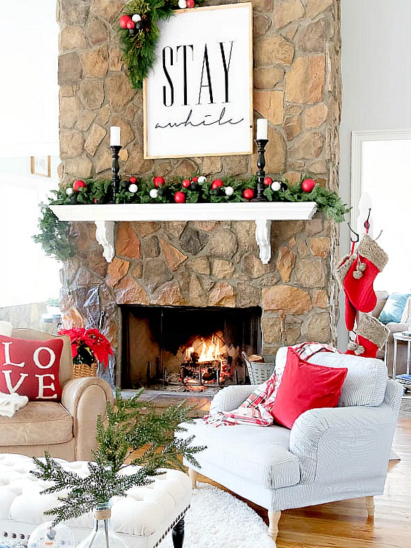 Holiday living room with red, black and white.