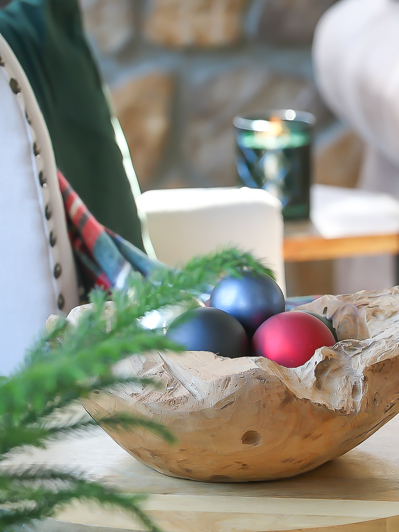 wood bowl with colored ornaments
