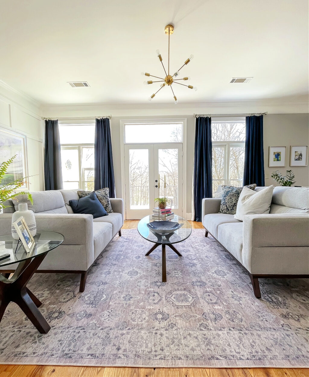 living room with two gray sofas