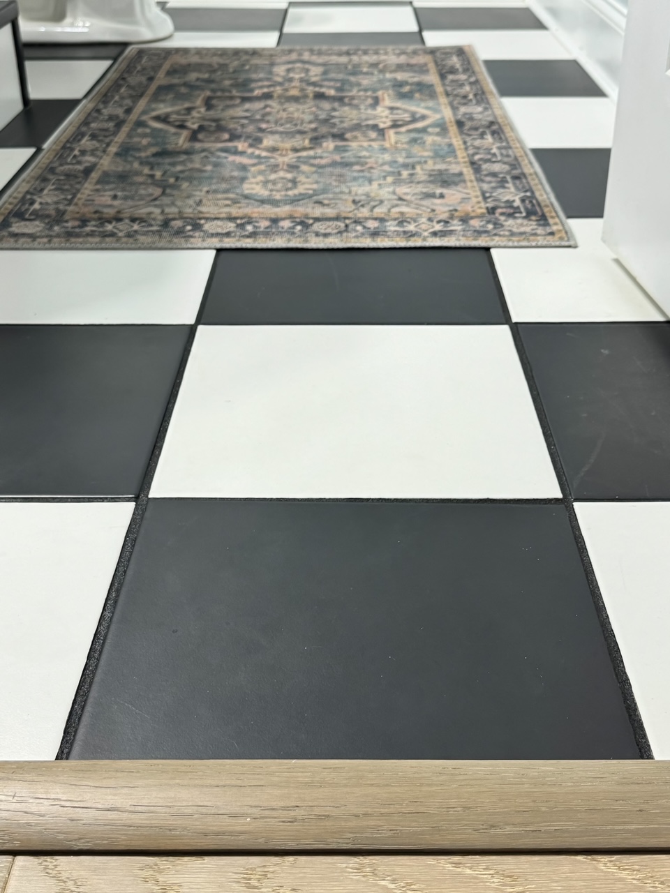 close up of black and white checkered tile