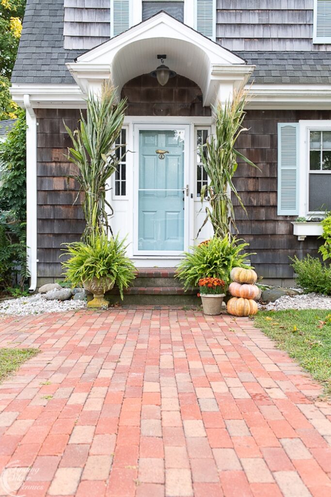 new england home with corn stalks and pumpkins