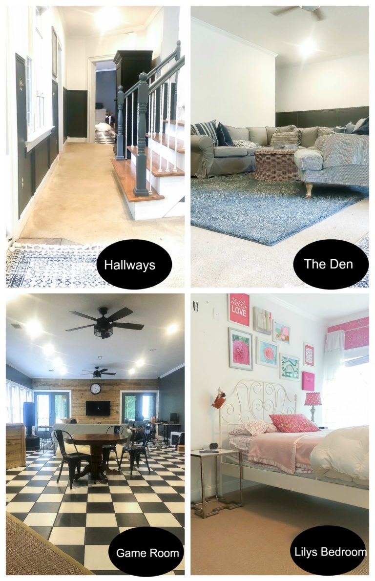 collage of before with old carpet and tile at Duke Manor Farm