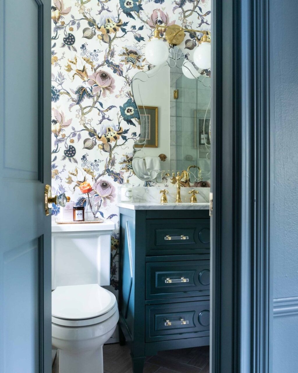 grand millennial bathroom with floral patterns