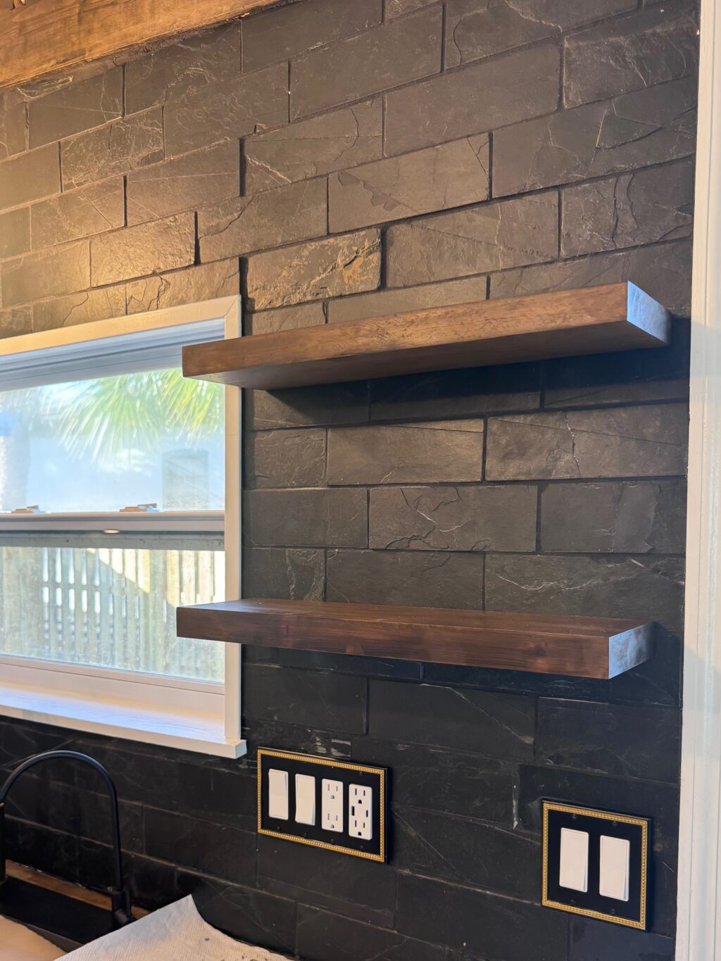 before and after cottage kitchen renovation with floating shelves