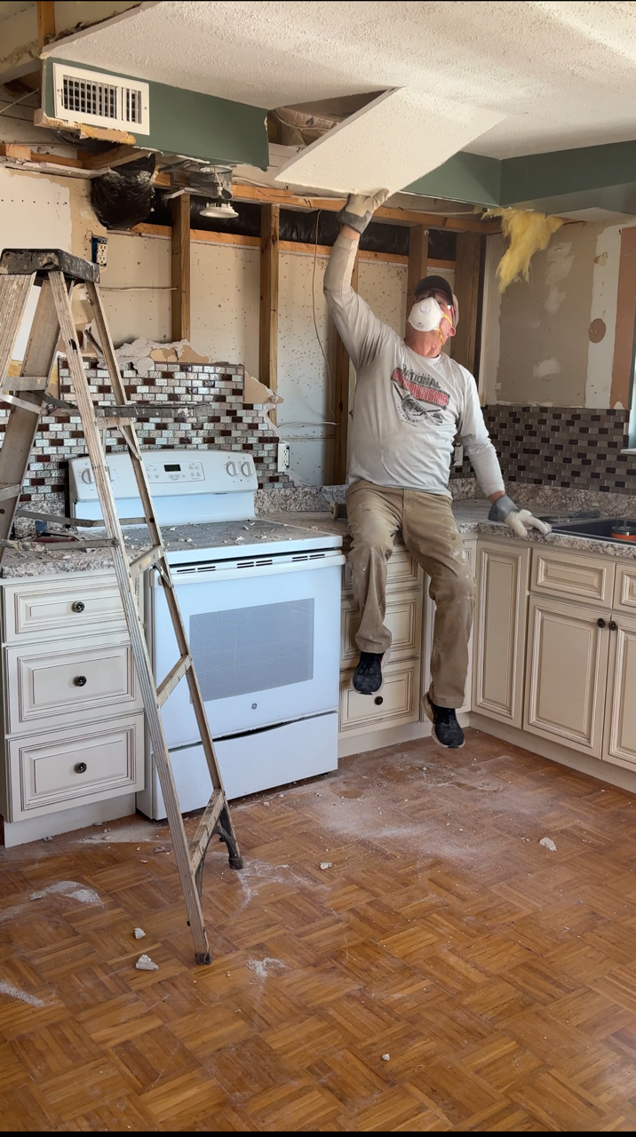 ceiling takedown of 1950s cottage kitchen
