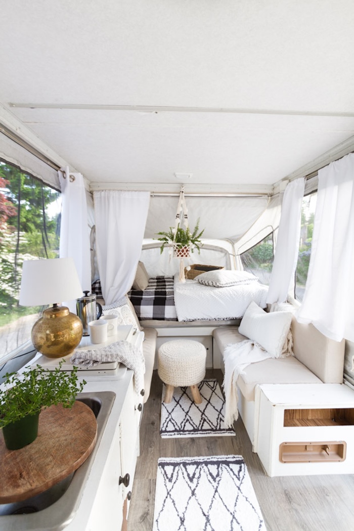 Cozy family pop-up camper interior