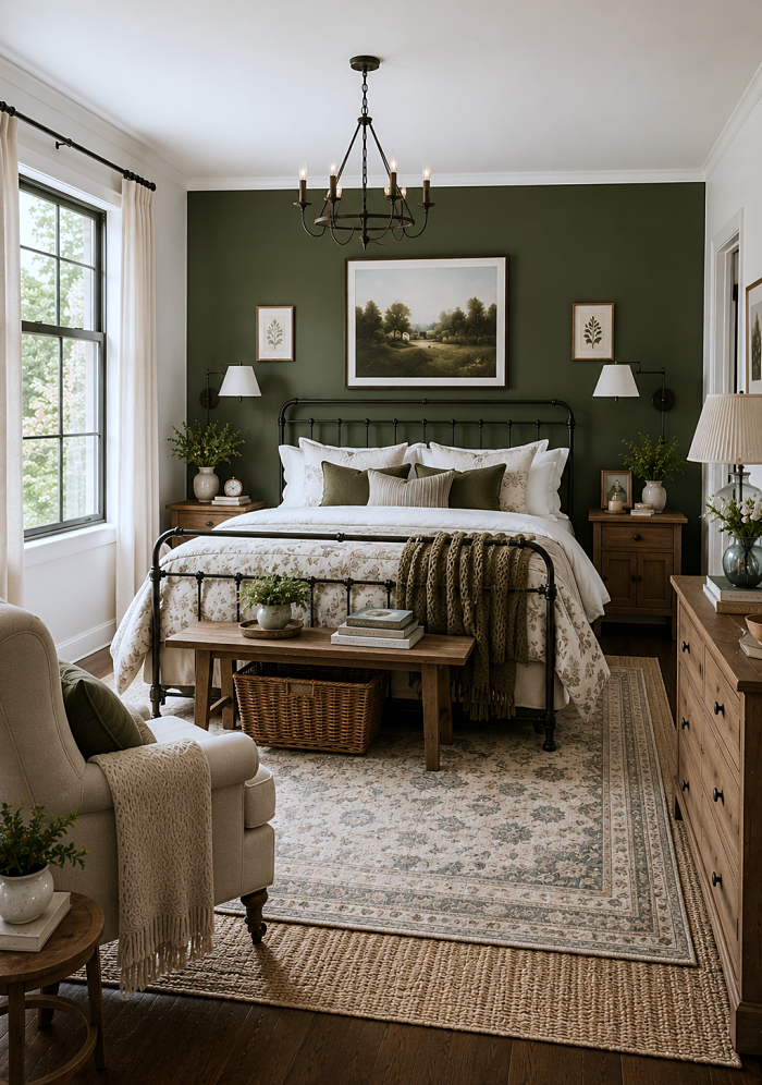 Moody green accent wall styled with vintage artwork and neutral furnishings