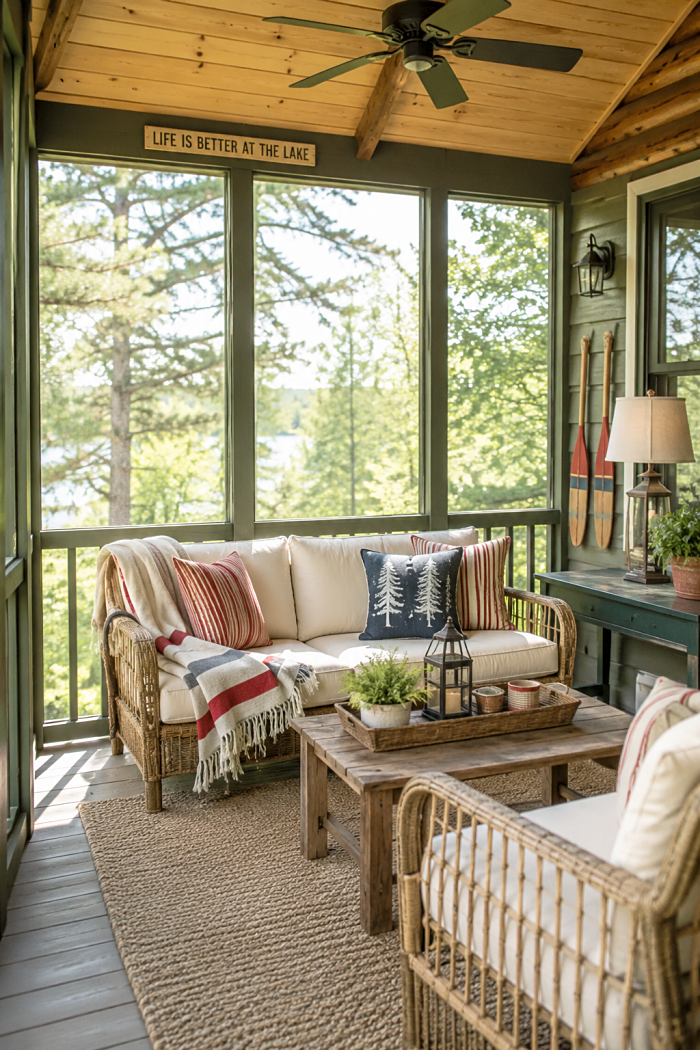 Cozy screened porch decorated for summer