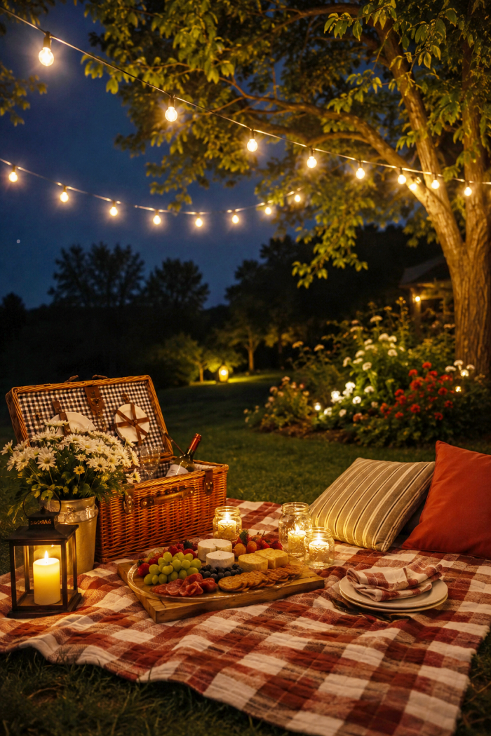 Relaxing summer evening outdoors with cozy seating and family activities.