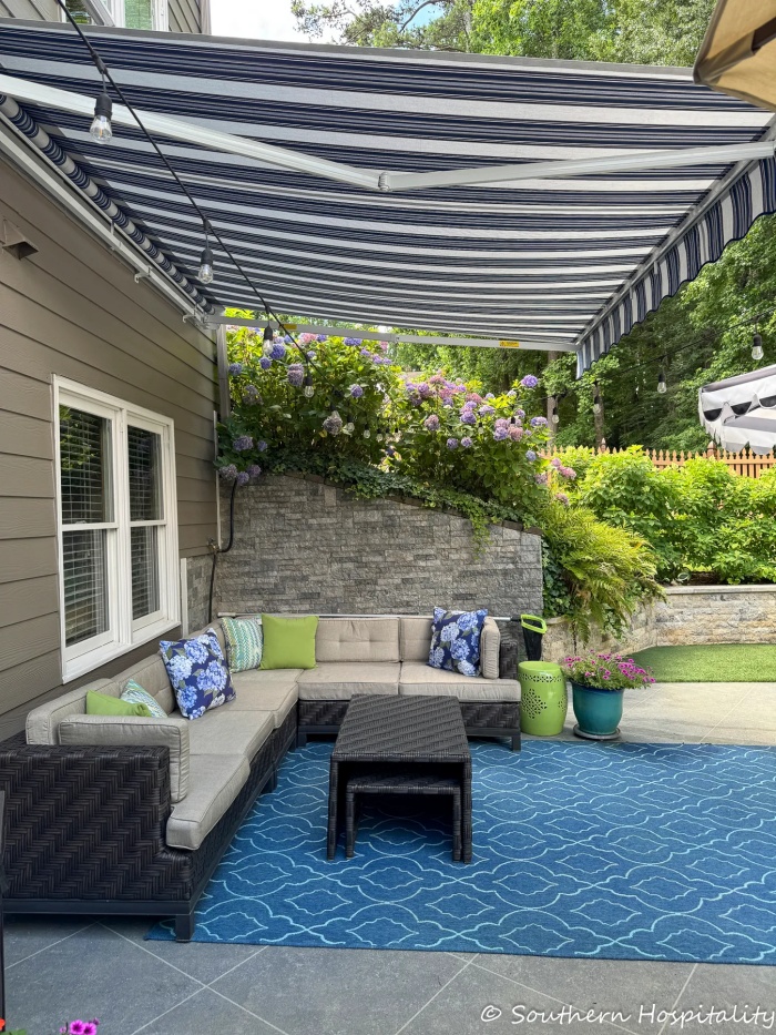 Backyard patio with retractable awning