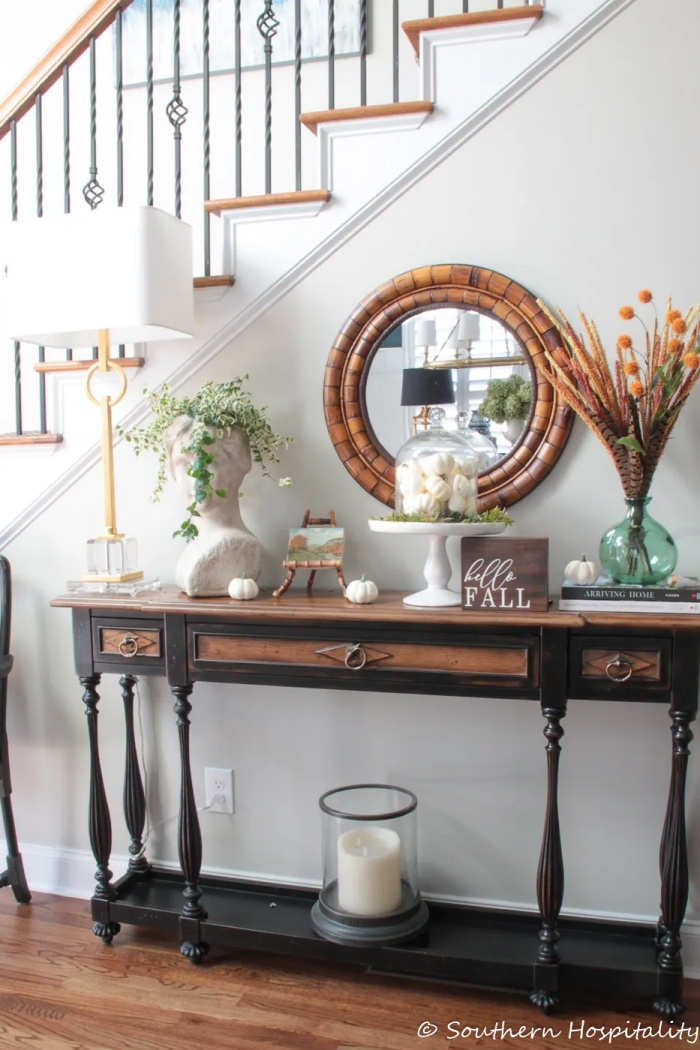 Fall decorating ideas with orange foliage and blue home accents