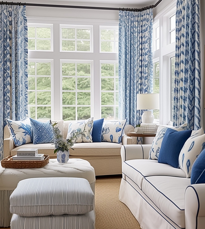 Blue and white living room with patterned pillows and floor-length curtains